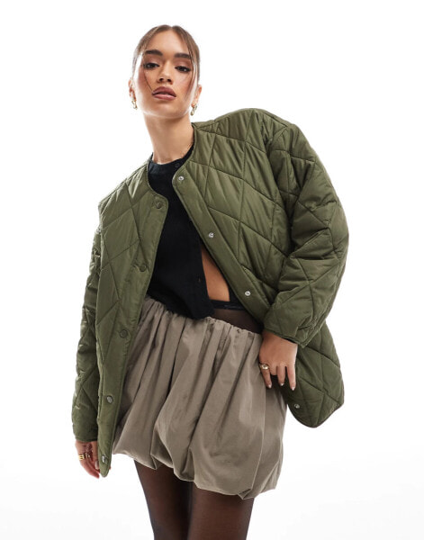 Pieces quilted lightweight jacket in khaki