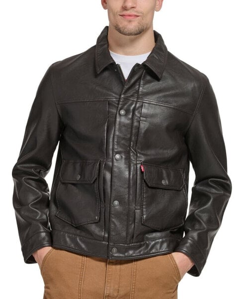 Men's Faux Leather Snap-Front Water-Resistant Jacket