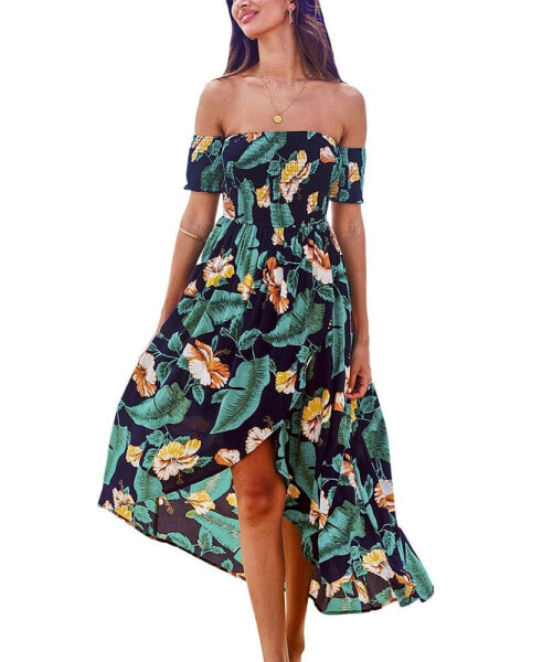 Платье пляжное женское CUPSHE Tropical Off-Shoulder Smocked Bodice Asymmetrical Maxi Beach Dress