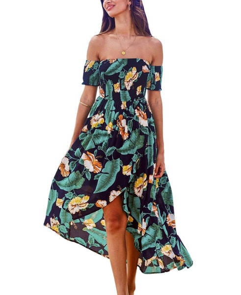 Women's Tropical Off-Shoulder Smocked Bodice Asymmetrical Maxi Beach Dress