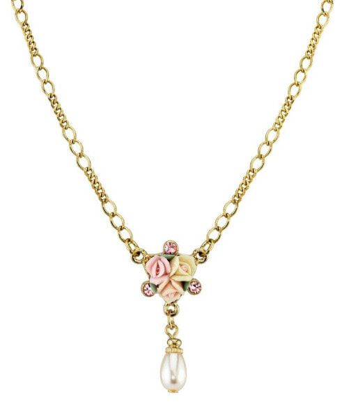 2028 gold-Tone Crystal Ivory and Pink Porcelain Rose Simulated Pearl Necklace 16" Adjustable