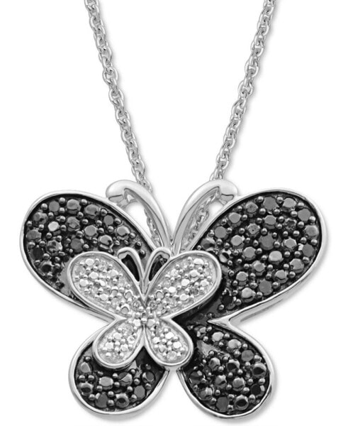 Macy's black Diamond (1/6 ct. t.w.) & White Diamond Accent Double Butterfly Pendant Necklace in Sterling Silver, 16" + 2" extender
