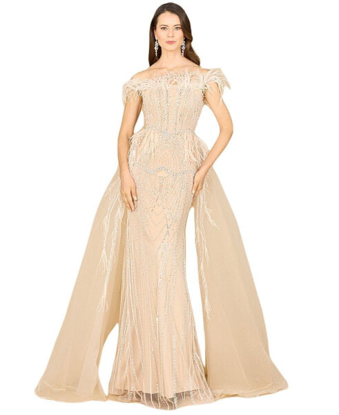 Women's Off Shoulder Gown with Feathers