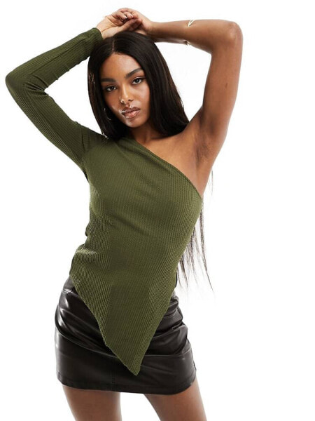 NA-KD one sleeve asymmetric hem top in khaki