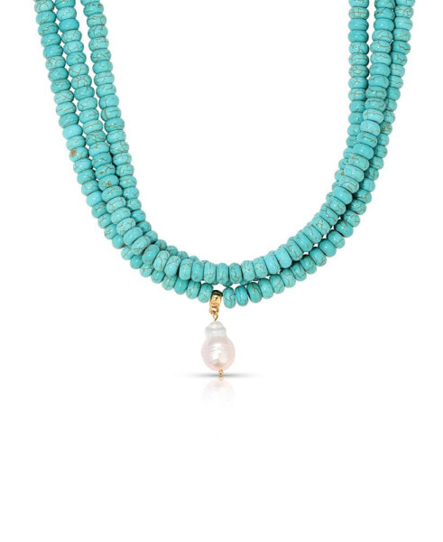 Triple Strand Turquoise Statement Necklace with Cultivated Pearl Dangle