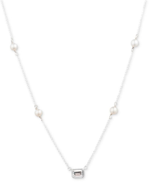 Freshwater Pearl (4 - 4-1/2mm) & Cubic Zirconia Collar Necklace in Sterling Silver, 15" + 3" extender