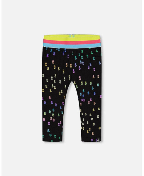 Girl Capri Legging Black With Colored Metallic Flower Print - Toddler Child