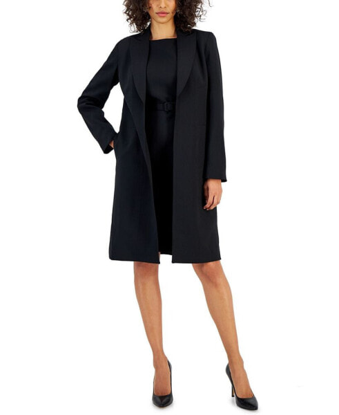 Women's Longline Jacket Topper & Belted Sleeveless Sheath Dress