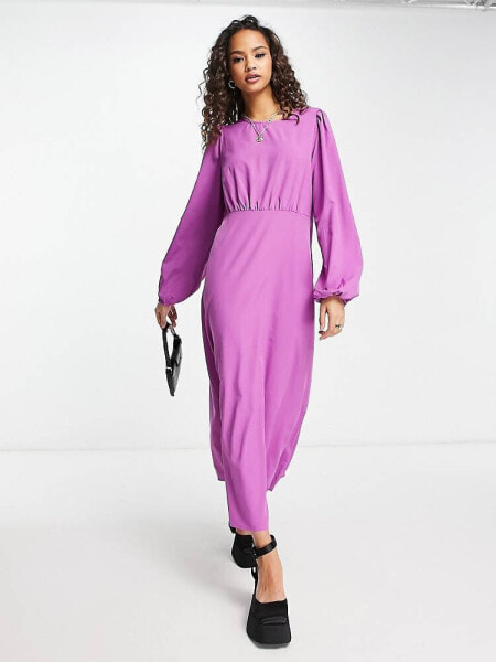 Pieces exclusive volume sleeve midi dress in purple