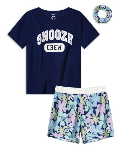 Girls Soft Jersey Fabric Shorts Pajama Set with Scrunchie, 3 Piece