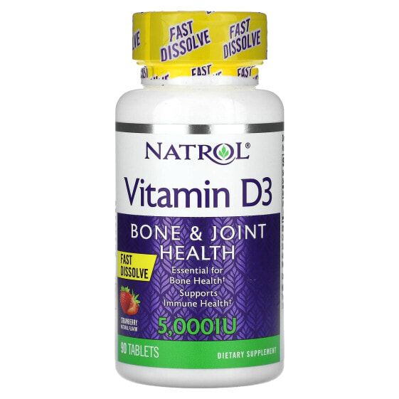 Vitamin D3, Bone & Joint Health, Strawberry Natural Flavor, 5,000 IU, 90 Tablets