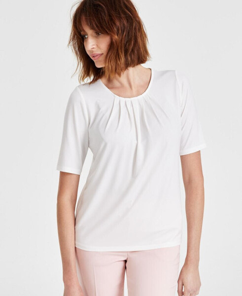 Petite Pleated-Neck Elbow-Sleeve Top