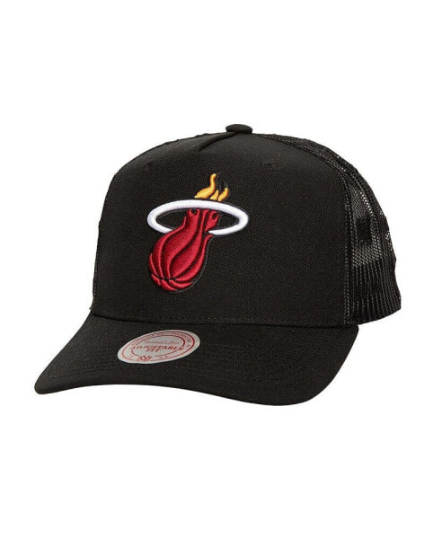 Men's Black Miami Heat Monogram All-Over Logo Mesh Trucker Adjustable Hat