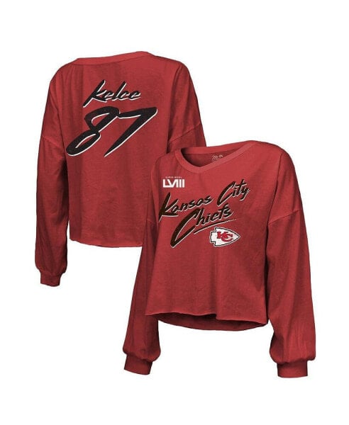 Women's Threads Travis Kelce Red Distressed Kansas City Chiefs Super Bowl LVIII Player Name and Number Cropped Long Sleeve V-Neck T-shirt