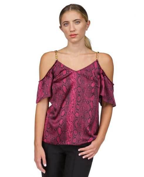 Women's Snakeskin-Print Cold-Shoulder Chain Top