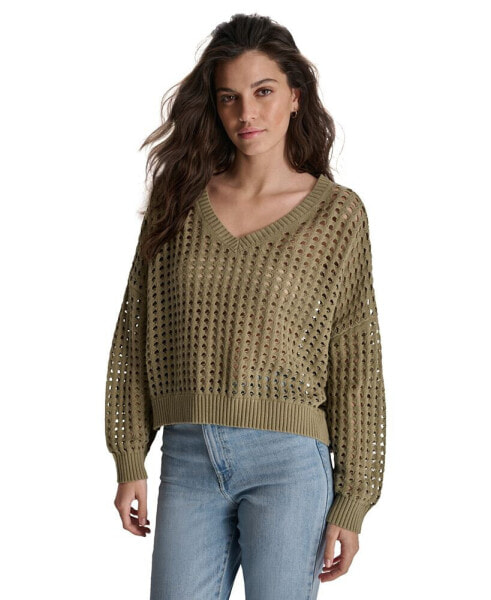 Women's V-Neck Open-Stitch Cotton Sweater