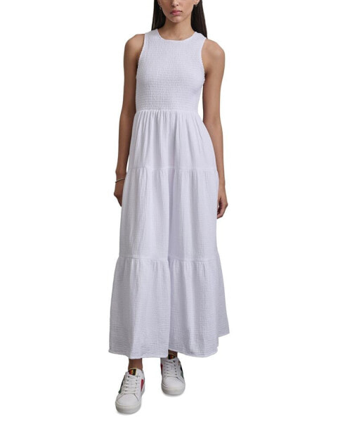 Women's Cotton Gauze Smocked-Bodice Maxi Dress