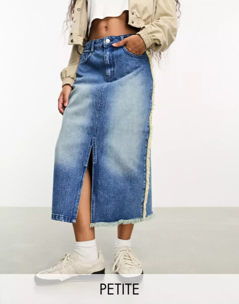 DTT Petite Kali denim midi skirt with frayed side seam in mid wash blue