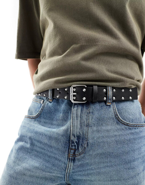 ASOS DESIGN faux leather studded belt with roller buckle in black