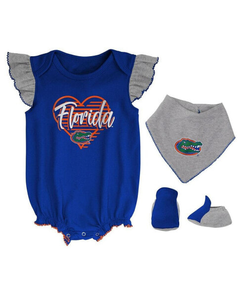 Girls Newborn and Infant Royal, Heather Gray Florida Gators All The Love Bodysuit Bib and Booties Set