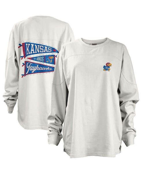 Women's White Kansas Jayhawks Pennant Stack Oversized Long Sleeve T-shirt