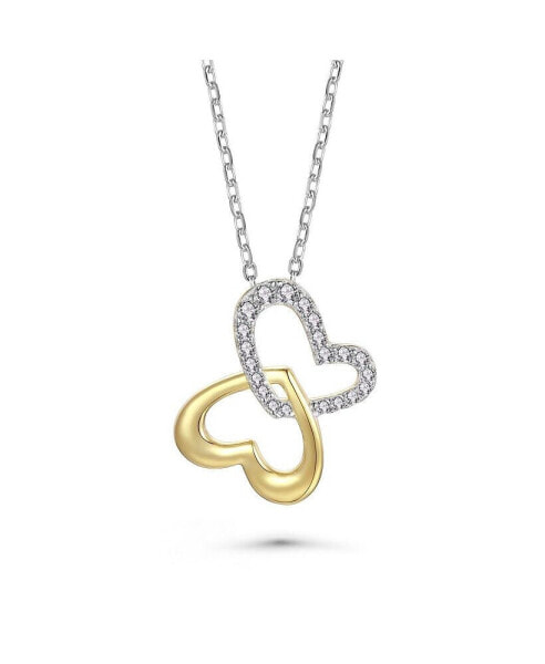 14k Yellow Gold Plated with Cubic Zirconia Double Heart Butterfly Pendant Necklace in Sterling Silver