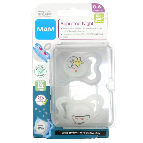 Supreme Night Pacifier, 0-6 Months, Clear, 2 Count