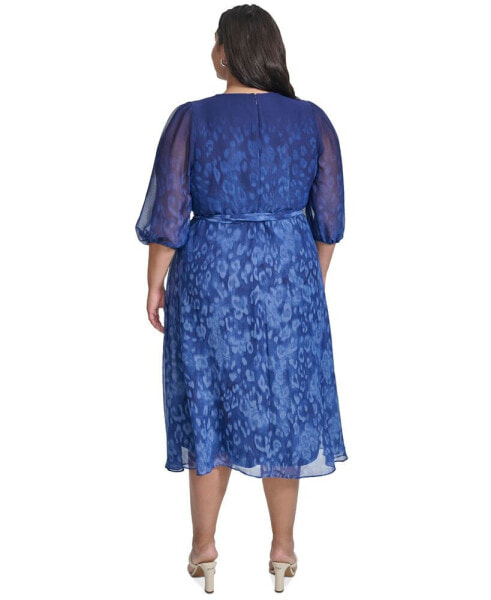 Plus Size Printed Tie-Waist Balloon-Sleeve Dress