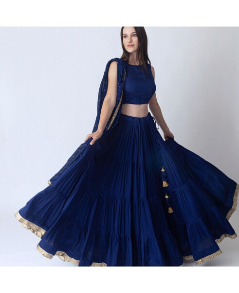 Women's Royal Blue Lehenga Choli with Gold Trim