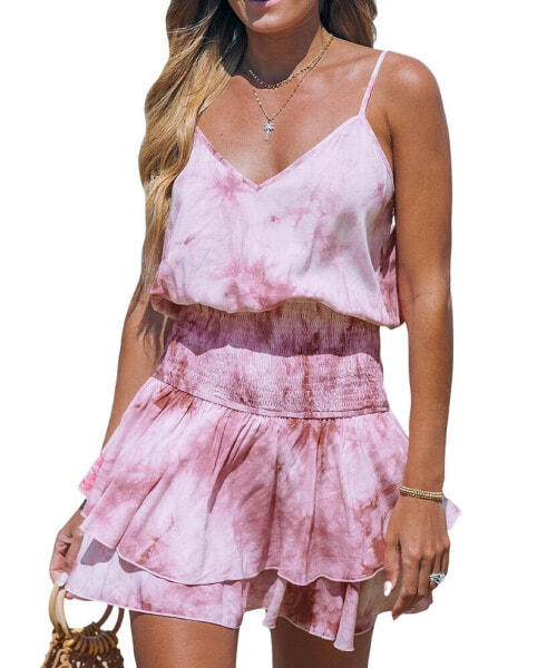 Women's Pink Tie Dye Smocked Waist Ruffle Hem Mini Beach Dress