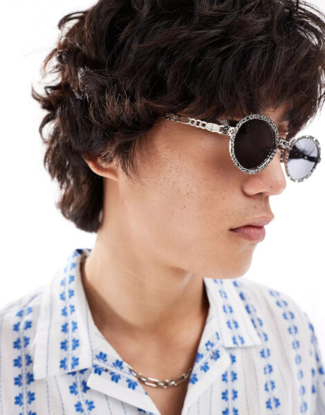 ASOS DESIGN 90's oval sunglasses with chain link detail in silver