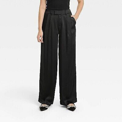 Women's High-Rise Wide Leg Satin Pants - A New Day Black 8