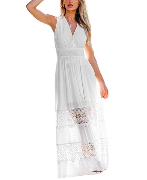 Платье для пляжа макси из кружева без рукавов белого цвета CUPSHE