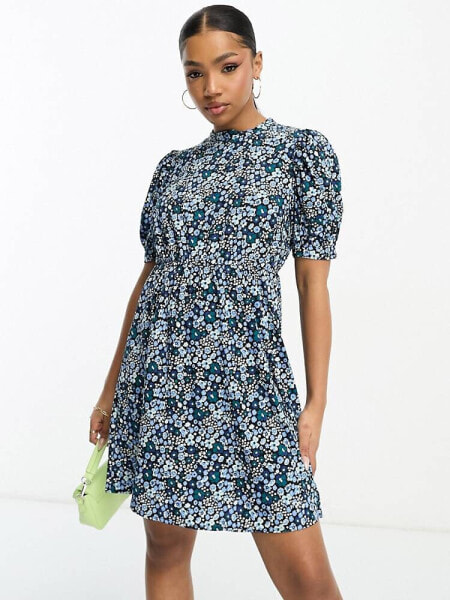 Pieces high neck tiered mini dress in blue ditsy floral