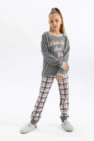 Детский пижамный комплект defacto для девочек, с карим узором и длинным рукавом