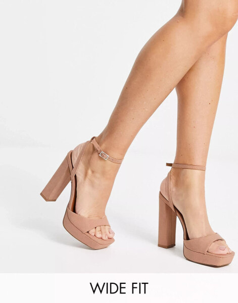 ASOS DESIGN Wide Fit Noun platform barely there block heeled sandals in beige