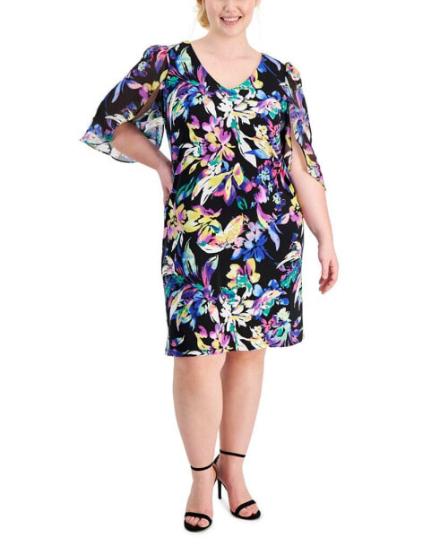 Plus Size Printed V-Neck Cape-Sleeve Dress