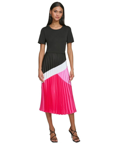 Women's Short-Sleeve Pleated Midi Dress