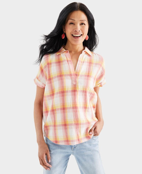 Petite Plaid Pull Over Camp Shirt, Created for Macy's