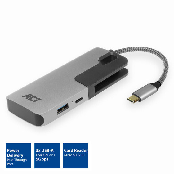 ACT AC7052 USB-C Hub 3 port with cardreader and PD pass through - USB 3.2 Gen 1 (3.1 Gen 1) Type-C - 60 W - Black - Grey - MicroSDHC - MicroSDXC - SD - SDHC - USB 3.2 Gen 1 (3.1 Gen 1) Type-A - USB 3.2 Gen 1 (3.1 Gen 1) Type-C - Aluminium