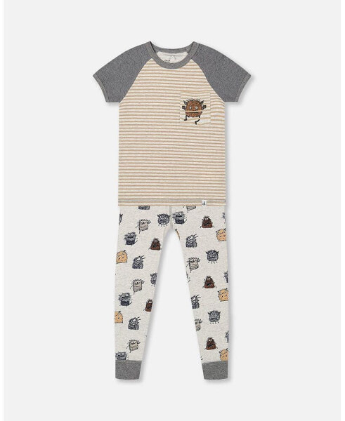 Baby Boy Organic Cotton Two Piece Pajama Set Heather Beige Printed Monsters - Infant