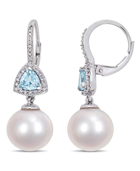 Freshwater Cultured Pearl (11-12mm), Blue Topaz (1 ct. t.w.) and Diamond (1/4 ct. t.w.) Triangle Drop Earrings in 10k White Gold