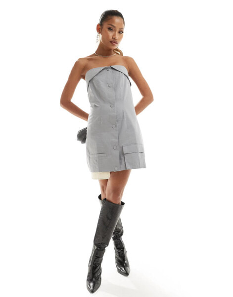 Simmi bandeau button through utility exposed pocket detail mini dress in grey