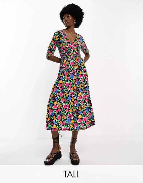 Only Tall wrap midi dress in multi floral