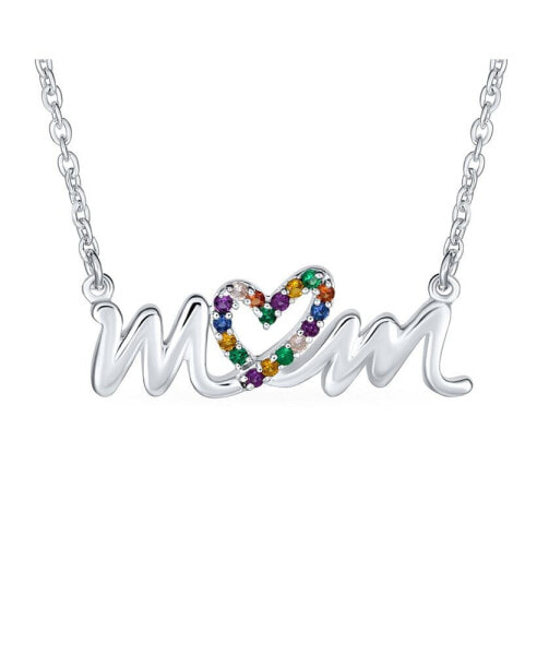 Name Style Station Pendant Crystal Heart Rainbow MOM Word Necklace For Mother For Women .925 Sterling Silver