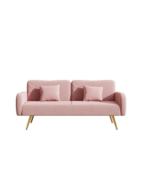 70.47" Pink Fabric Double Sofa With Split Backrest And Two Throw Pillows