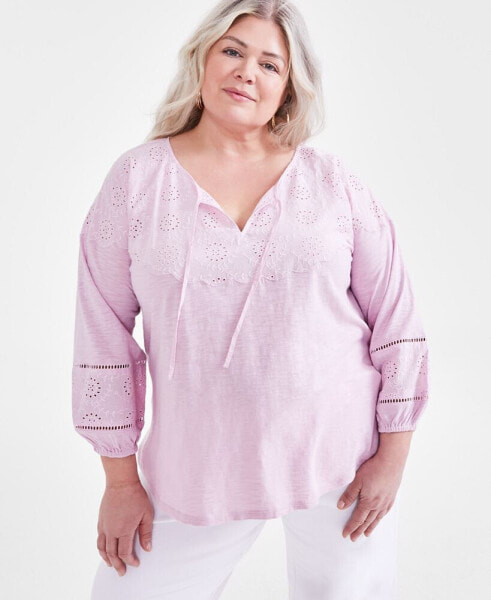 Plus Size Embroidered Eyelet-Trim Top, Created for Macy's