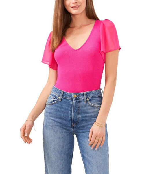 Women's Flutter Short Sleeve V-Neck Knit Top