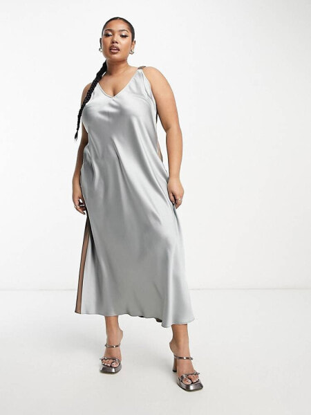 ASOS DESIGN Curve elasticated back satin slip midi dress in grey and mocha colourblock