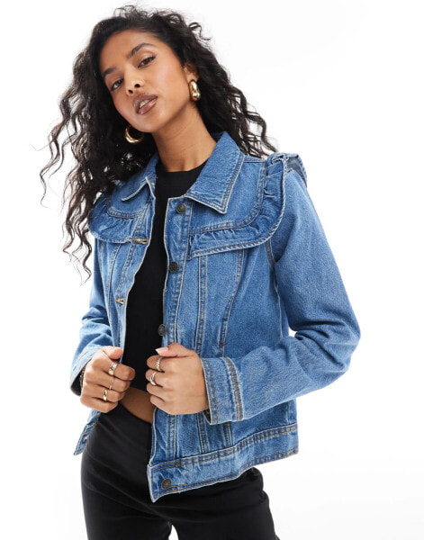 DTT Ciara denim jacket with frill detail in mid blue